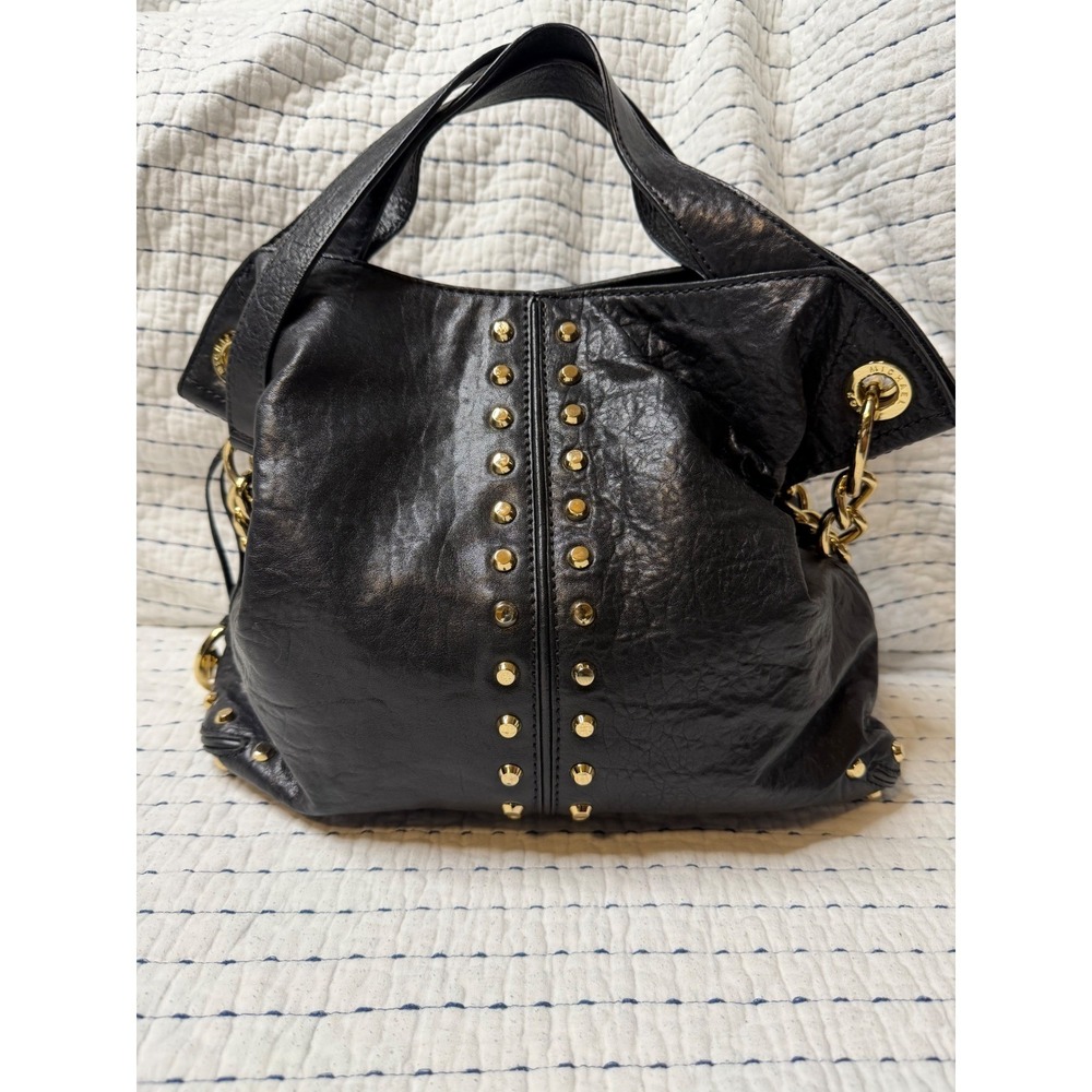 Michael Kors Black Leather Studded Hobo Bag Gold Chain Shoulder Handbag